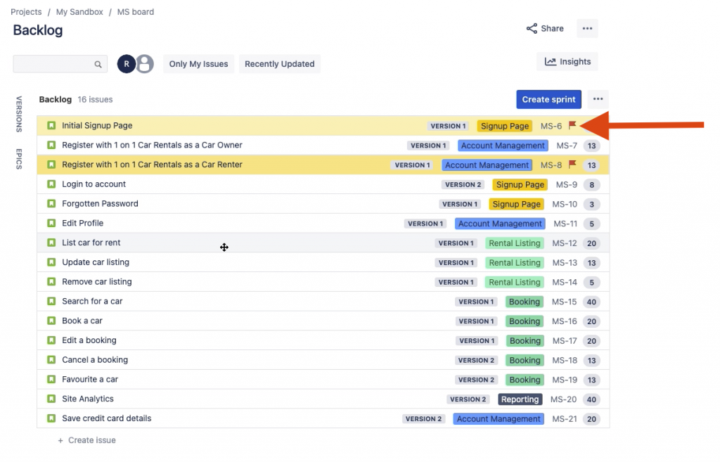 Flag and highlighted row in Jira Product Backlog view